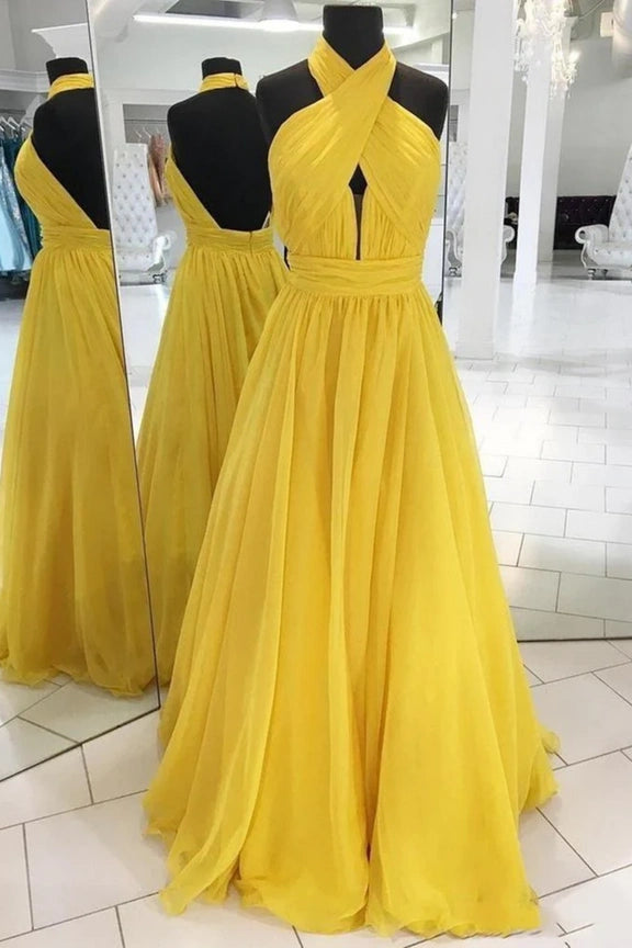 Yellow Halher Backless A-Line Prom Party Dress