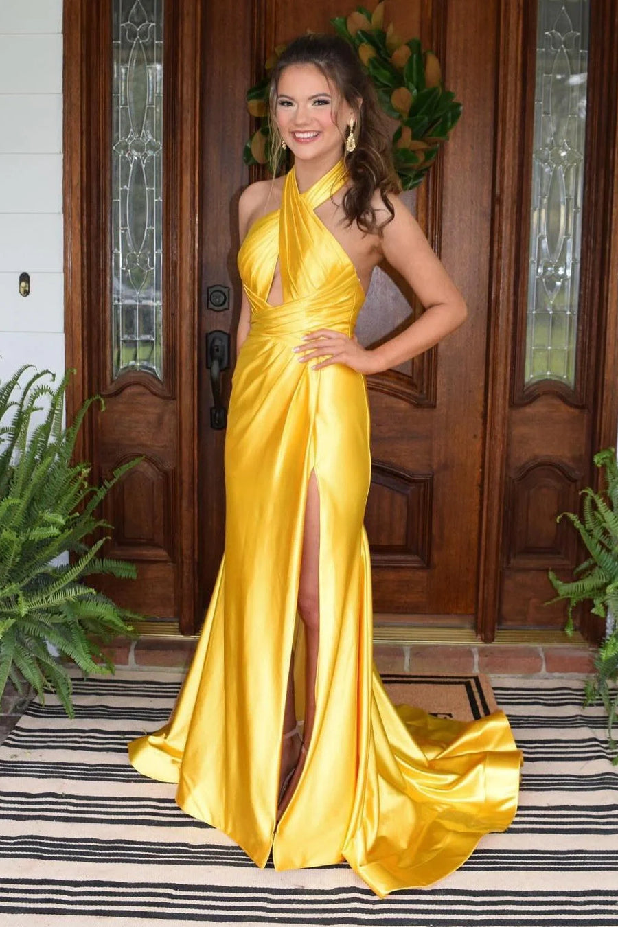 Yellow Halter Backless Mermaid Party Prom Dress With Train