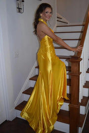 Yellow Halter Backless Mermaid Party Prom Dress With Train
