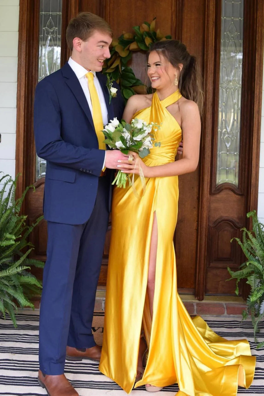 Yellow Halter Backless Mermaid Party Prom Dress With Train
