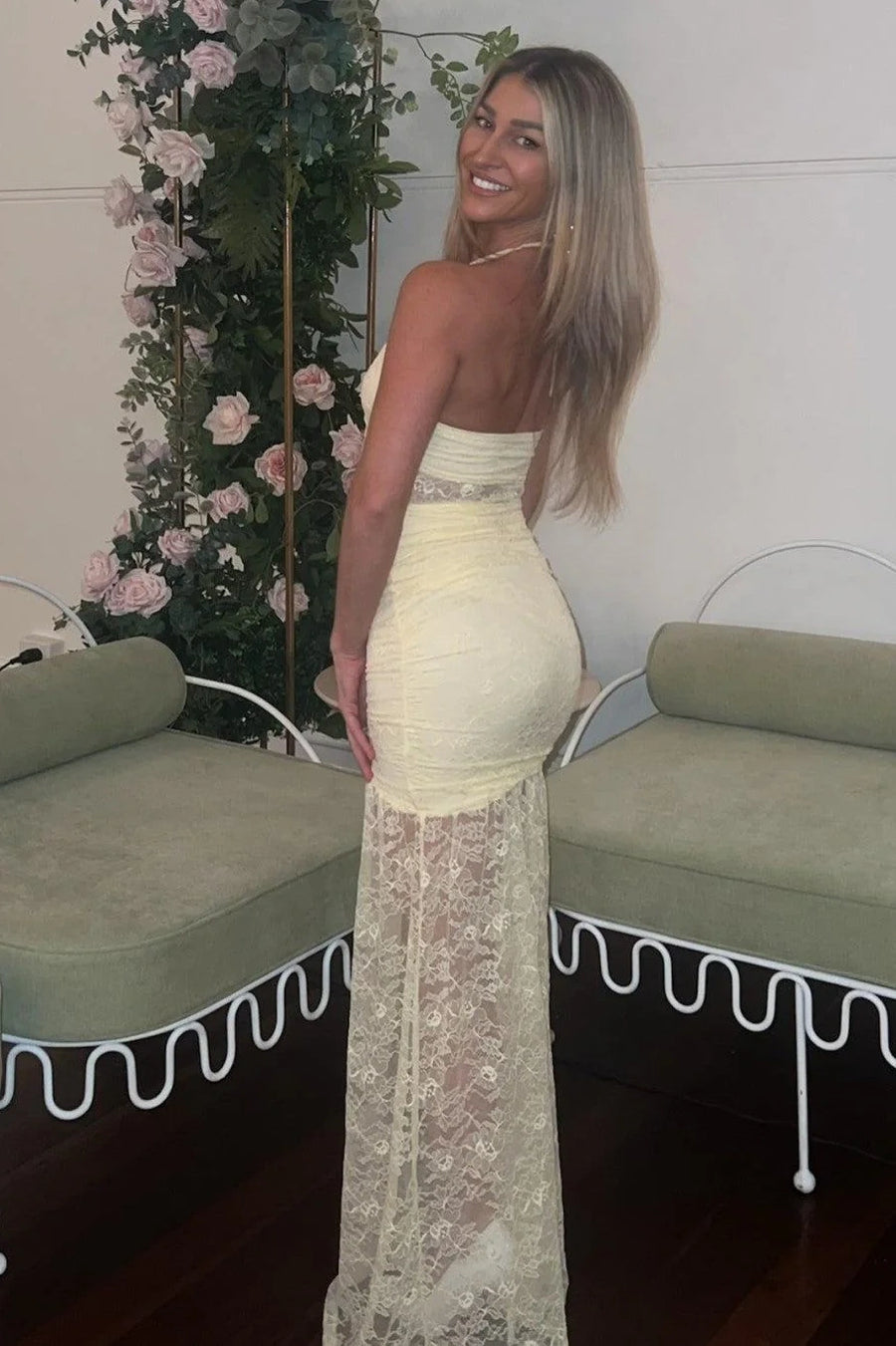 Yellow Halter Sheer Empire Lace Maxi Sheath Party Prom Dress 