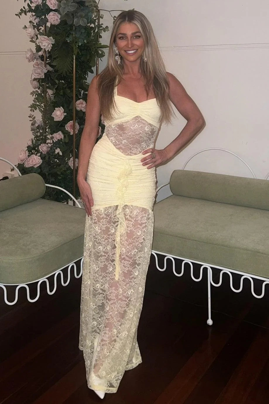 Yellow Halter Sheer Empire Lace Maxi Sheath Party Prom Dress 