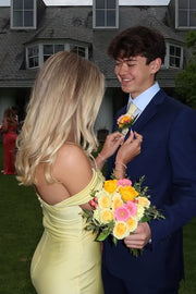 Yellow Off-Shoulder Empire Mermaid Party Prom Dress With Train