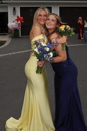 Yellow Off-Shoulder Empire Mermaid Party Prom Dress With Train