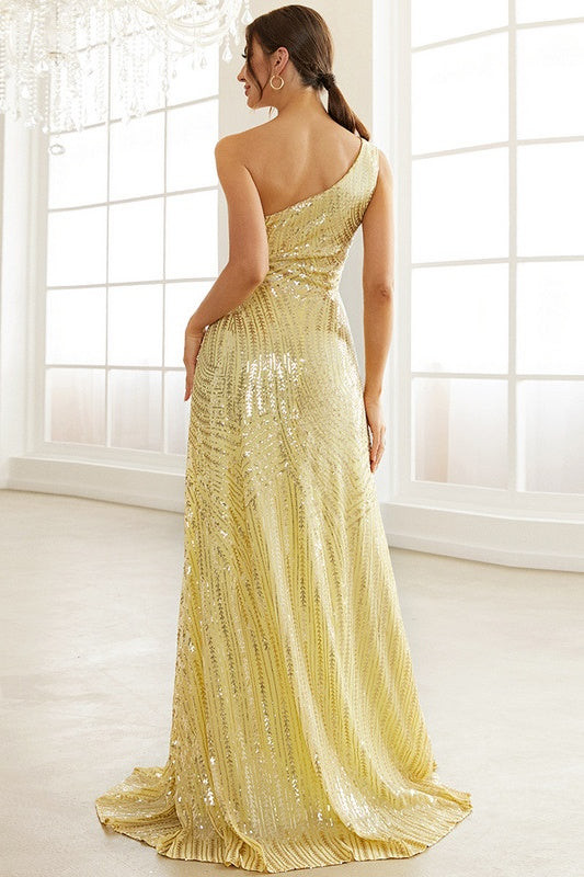 Yellow One Shoulder A-Line Sequin Appliques Prom Party Dress