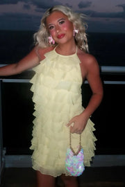 Yellow Round Backless Tiered Chiffon Party Homecoming Dress