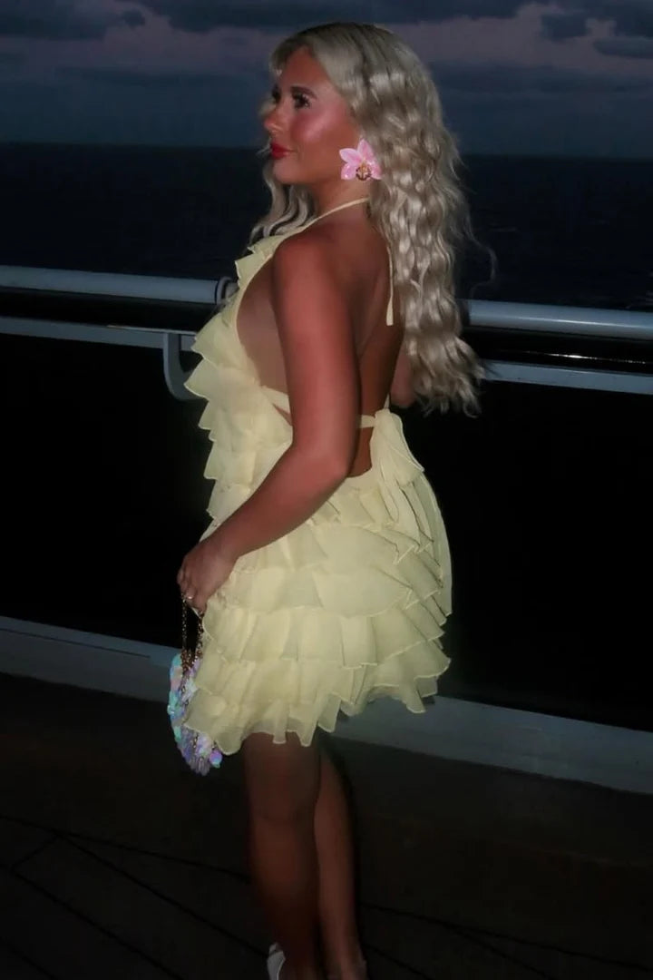 Yellow Round Backless Tiered Chiffon Party Homecoming Dress