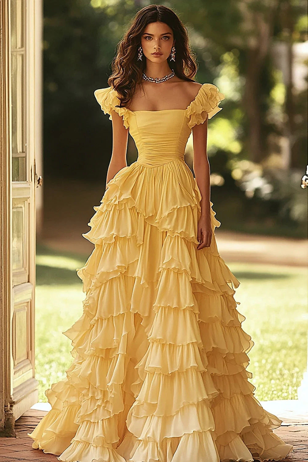white christmas dresses Tiered Chiffon Floor Length Prom Dress Pink Formal Evening – jkprom main image 0
