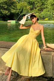Yellow Satin A-Line Spaghetti Straps Empire Holiday Prom Dress