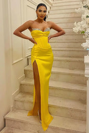 Yellow Satin Fitted Strapless Beaded Party Dress