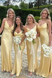 Yellow Satin Spaghetti Straps Bridesmaid Dress With Leg Slit