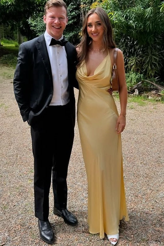 Yellow Satin Spaghetti Straps Bridesmaid Dress With Leg Slit