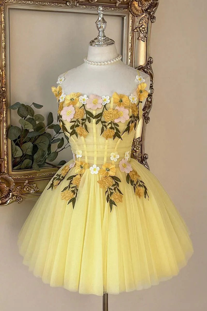 Yellow Spaghetti Straps Tulle A-Line Floral Appliques Homecoming Dress
