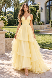 Yellow Spaghetti Straps V-Back Tiered Tulle A-Line Party Prom Dress