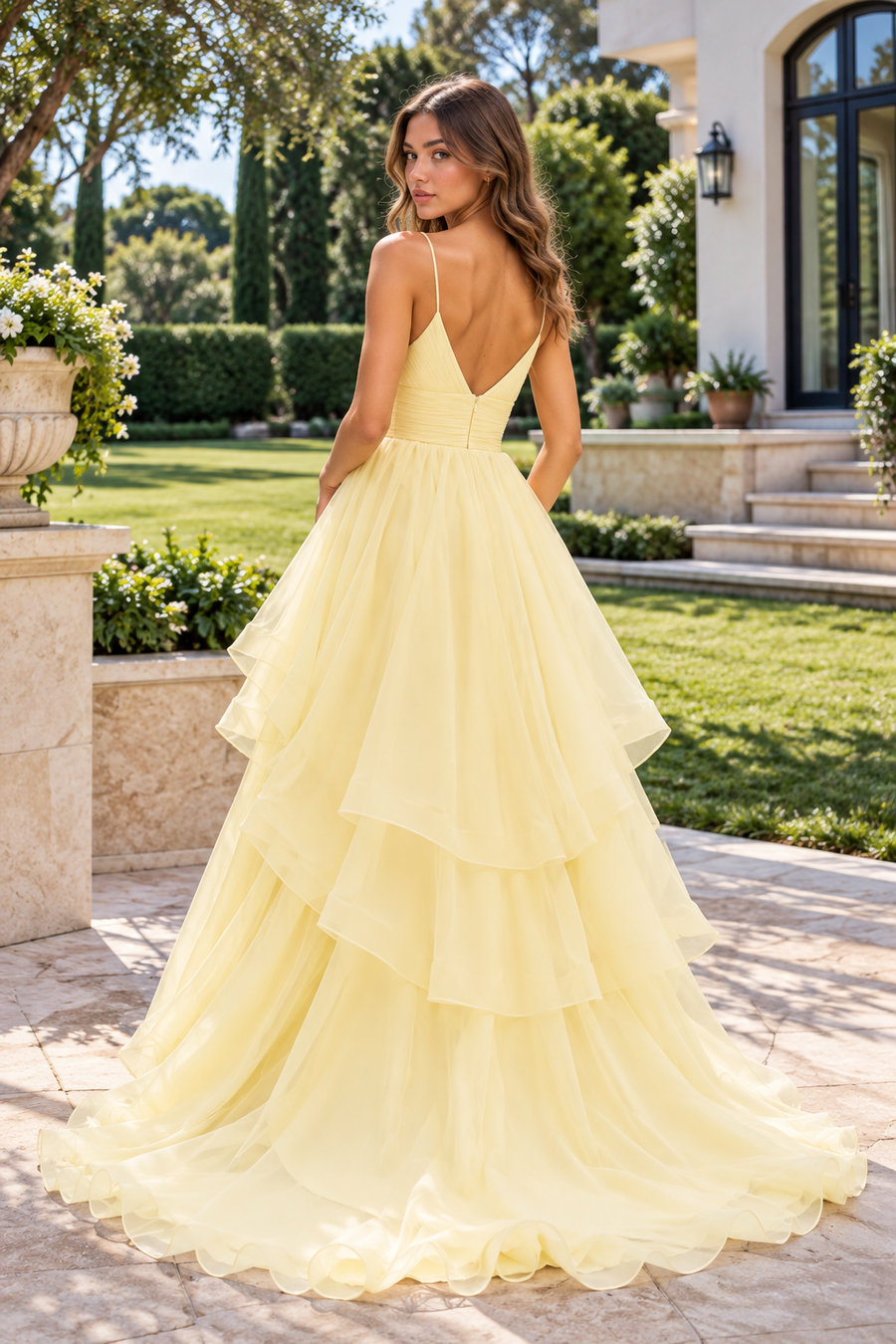 Yellow Spaghetti Straps V-Back Tiered Tulle A-Line Party Prom Dress
