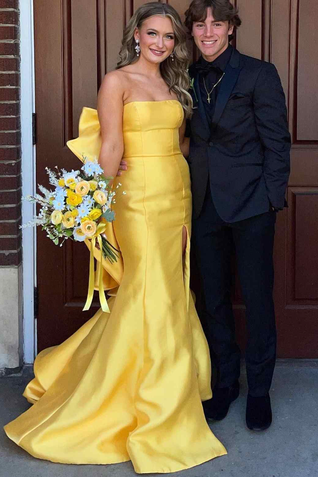 Yellow Strapless Empire Long Party Prom Dress With Train