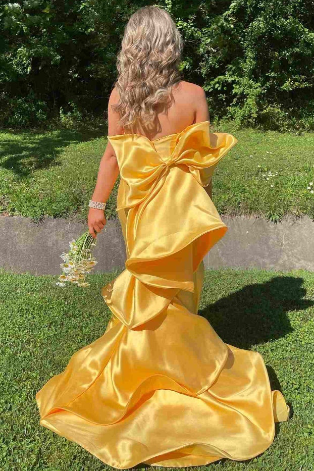 Yellow Strapless Empire Long Party Prom Dress With Train
