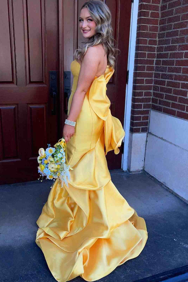 Yellow Strapless Empire Long Party Prom Dress With Train