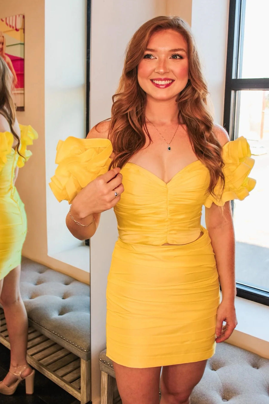 sleeves yellow homecoming dress A Line V Neck Short Yellow Lace Prom Dresses, Short Yellow Lace Formal Homecoming Dresses, US 10 / Custom Color / With Rush+$19.99