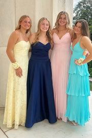 Yellow Sweetheart Strapless Floral Appliques Maxi Party Prom Dress