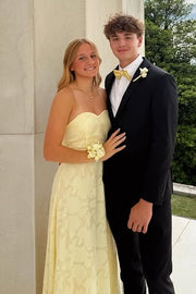 Yellow Sweetheart Strapless Floral Appliques Maxi Party Prom Dress
