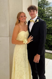Yellow Sweetheart Strapless Floral Appliques Maxi Party Prom Dress