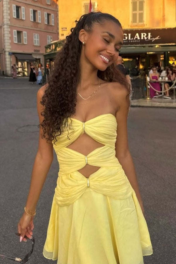 Yellow Sweetheart Strapless Illusion Empire Mini Homecoming Dress