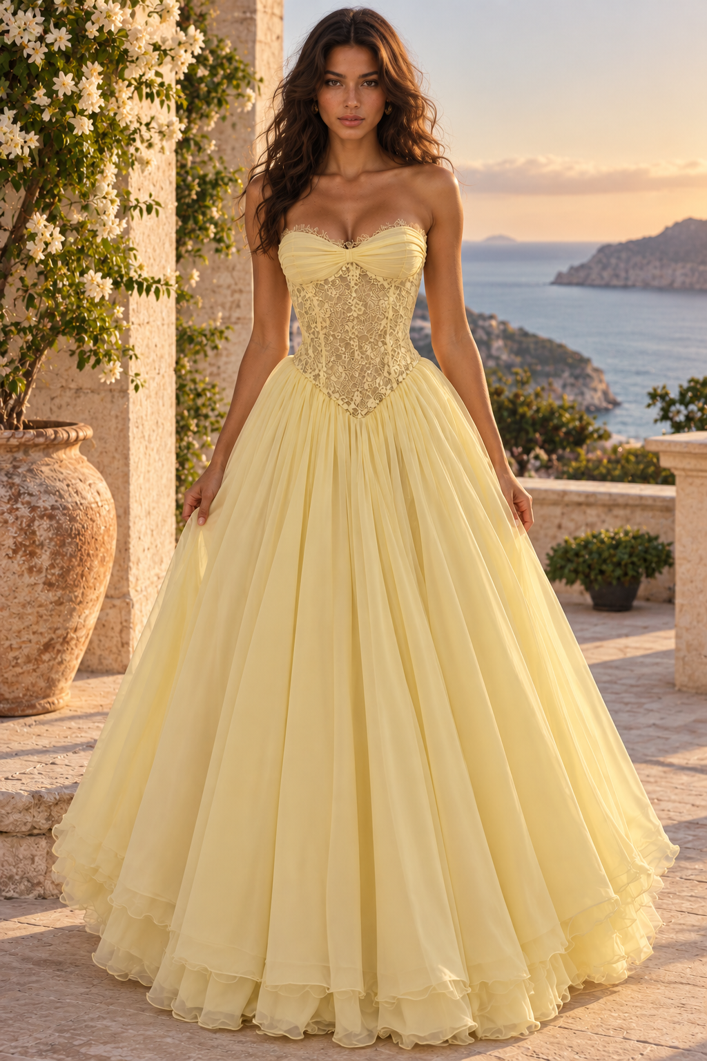 Yellow Sweetheart Strapless Lace And Chiffon A-Line Maxi Party Prom Dress