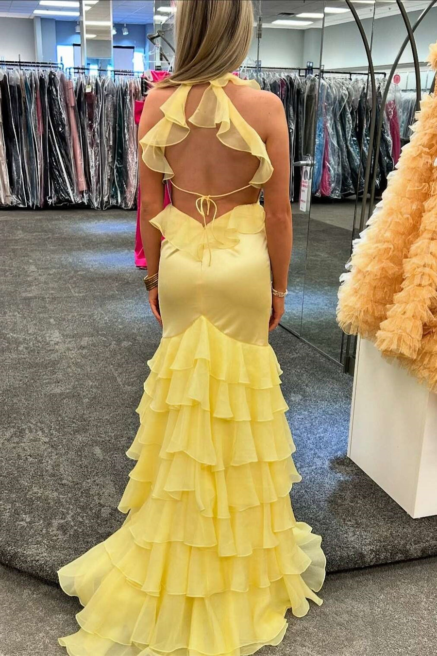 Yellow V-Neck Ruffled Tiered Party Prom Dress With Train