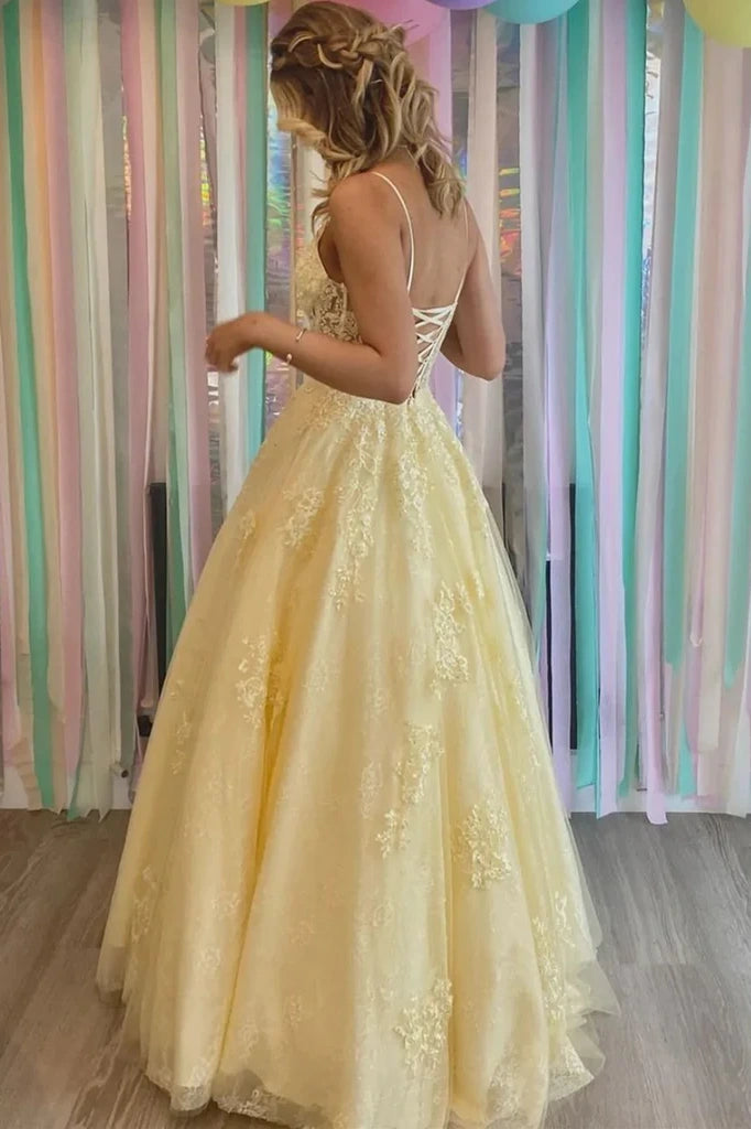 Yellow V-Neck Sleeveless Lace Up Appliques A-Line Formal Prom Dress
