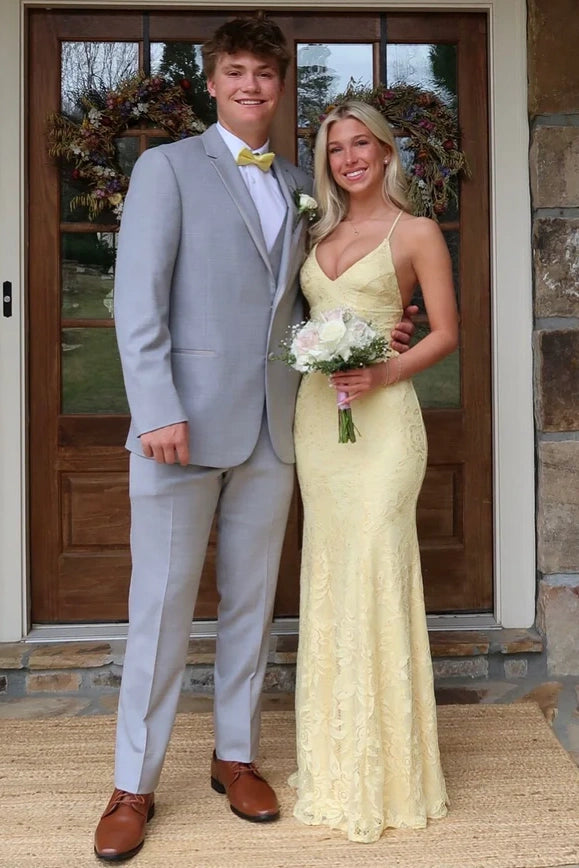 Yellow V-Neck Sleeveless Lace Up Fitted Lace Party Prom Dress