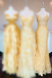Yellow V-Neck Sleeveless Mermaid Lace Appliques Party Prom Dress