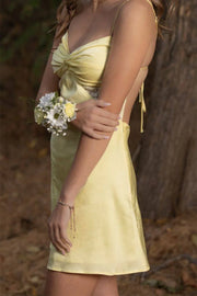 Yellow V-Neck Sleeveless Satin And Lace Short Party Homecoming Dress