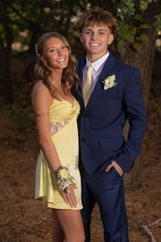 Yellow V-Neck Sleeveless Satin And Lace Short Party Homecoming Dress