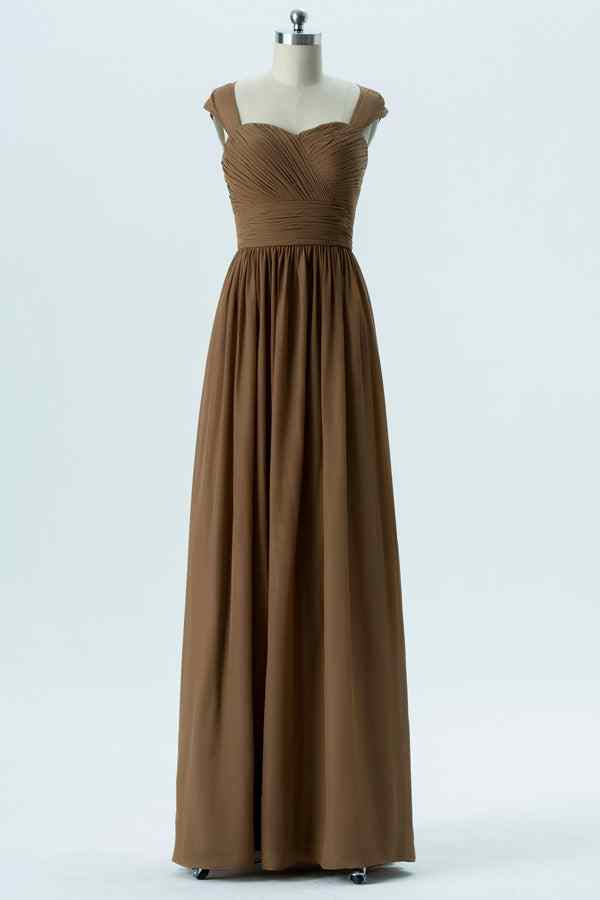 A - line Cap Sleeves Pleated Keyhole Chiffon Long Bridesmaid Dress - Joyofdress