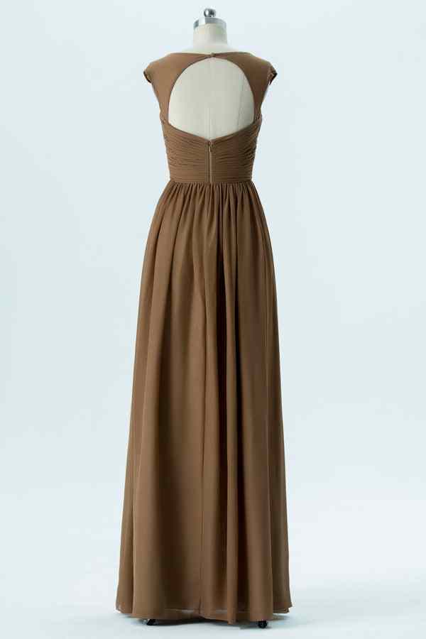 A - line Cap Sleeves Pleated Keyhole Chiffon Long Bridesmaid Dress - Joyofdress