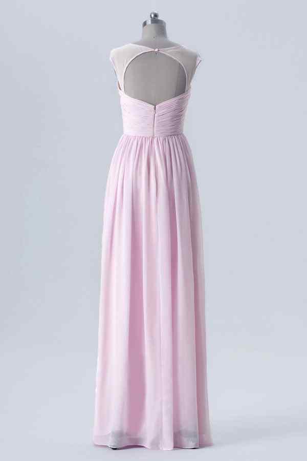 A - line Cap Sleeves Pleated Keyhole Chiffon Long Bridesmaid Dress - Joyofdress