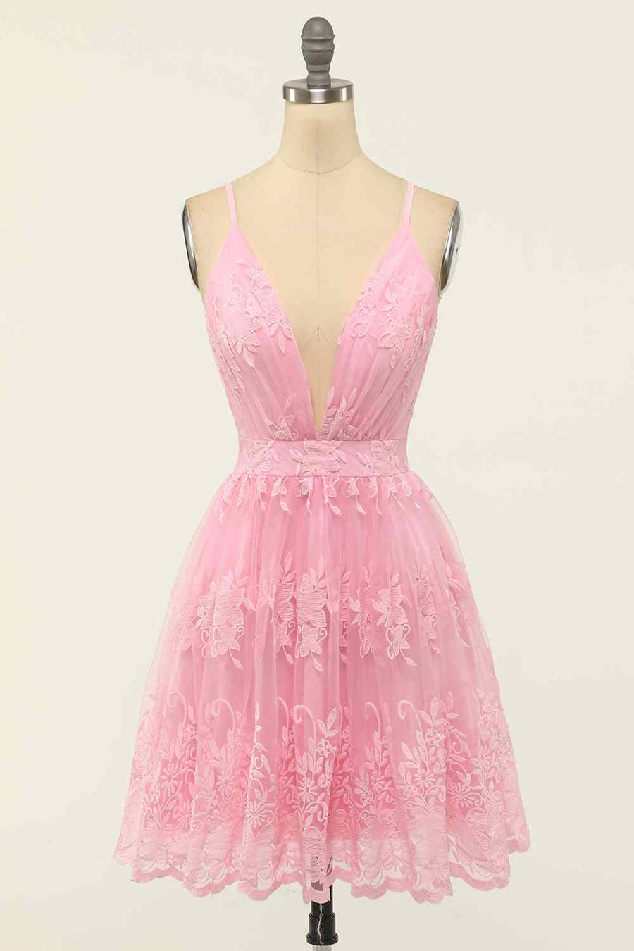 A - line Deep V Neck Crossed Back Embroidery Mini Homecoming Dress - Joyofdress