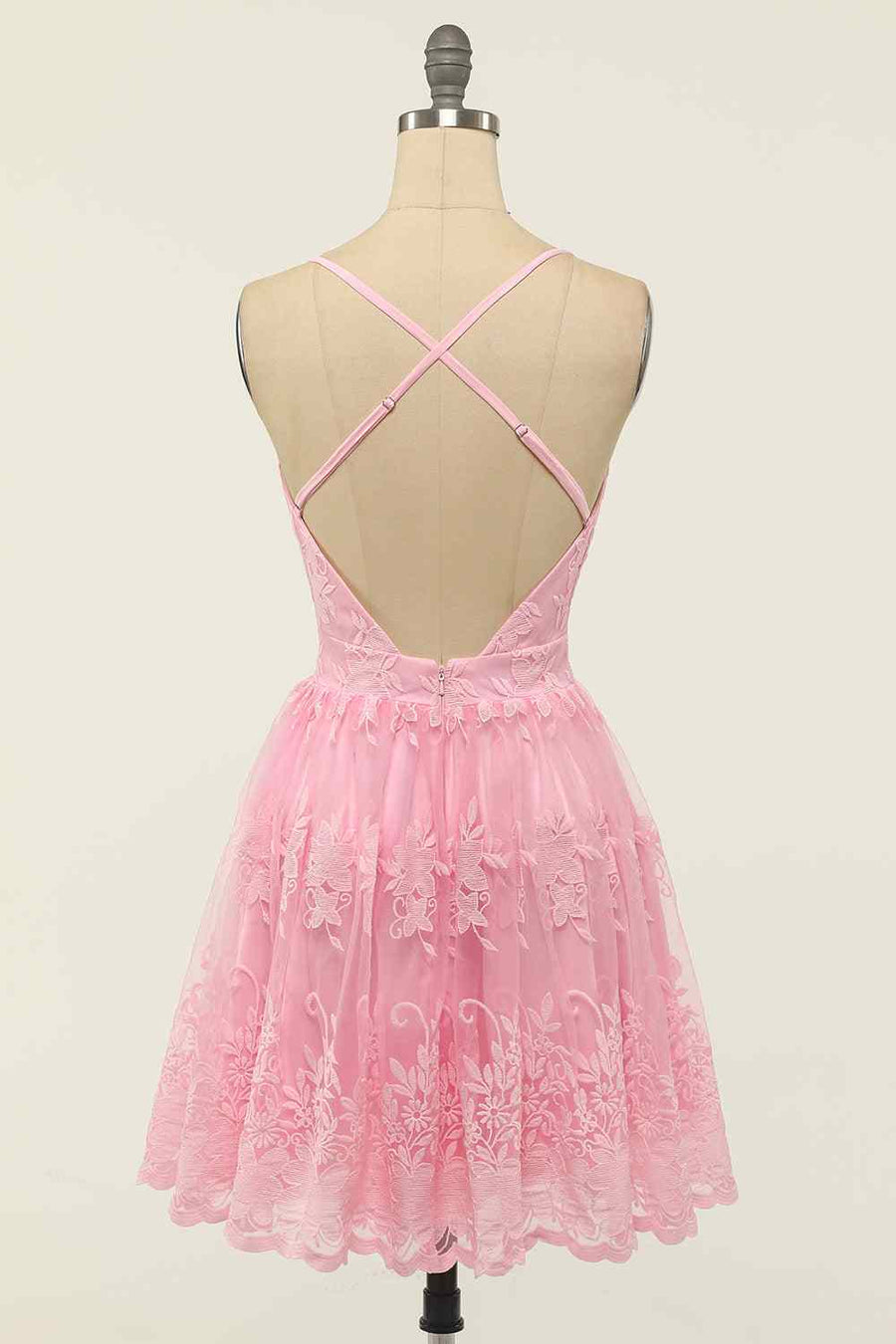 A - line Deep V Neck Crossed Back Embroidery Mini Homecoming Dress - Joyofdress
