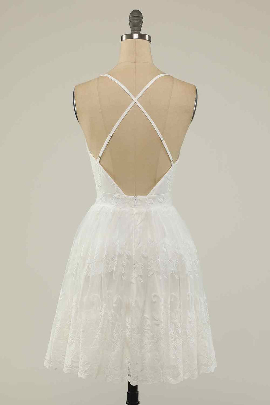A - line Deep V Neck Crossed Back Embroidery Mini Homecoming Dress - Joyofdress