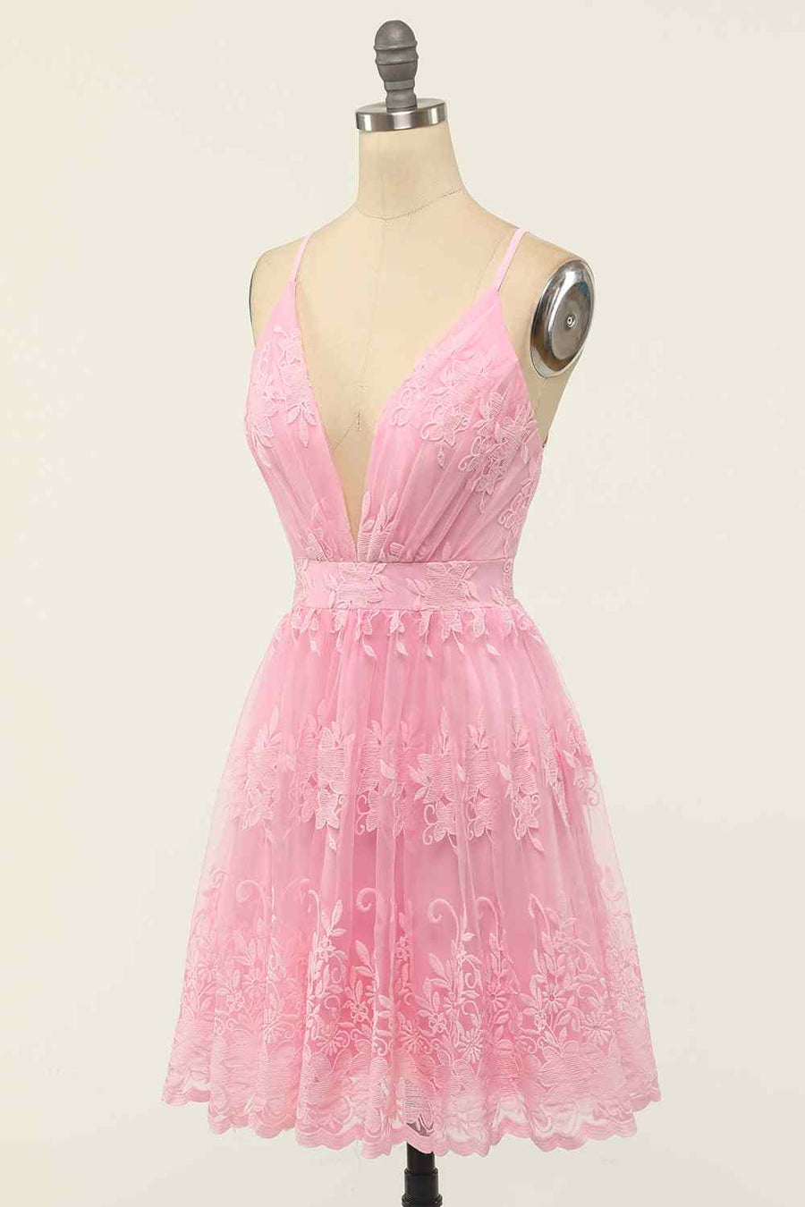 A - line Deep V Neck Crossed Back Embroidery Mini Homecoming Dress - Joyofdress