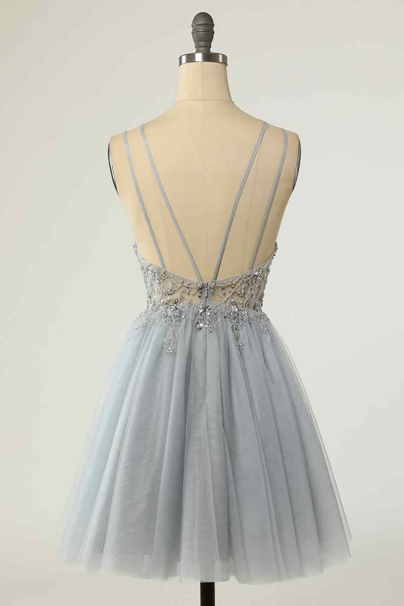 A - line Double Straps Deep V Neck Beading Mini Homecoming Dress - Joyofdress