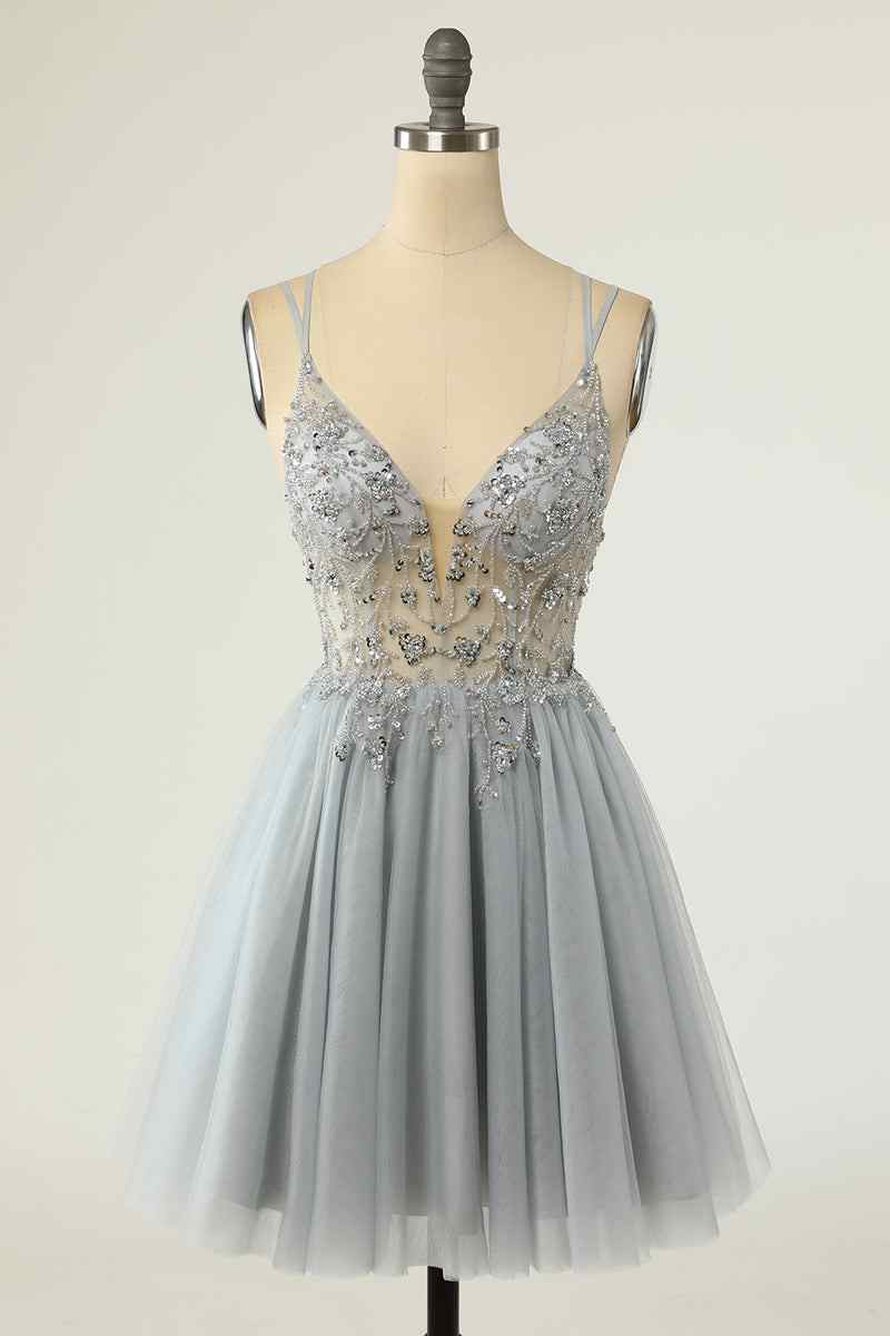 A - line Double Straps Deep V Neck Beading Mini Homecoming Dress - Joyofdress