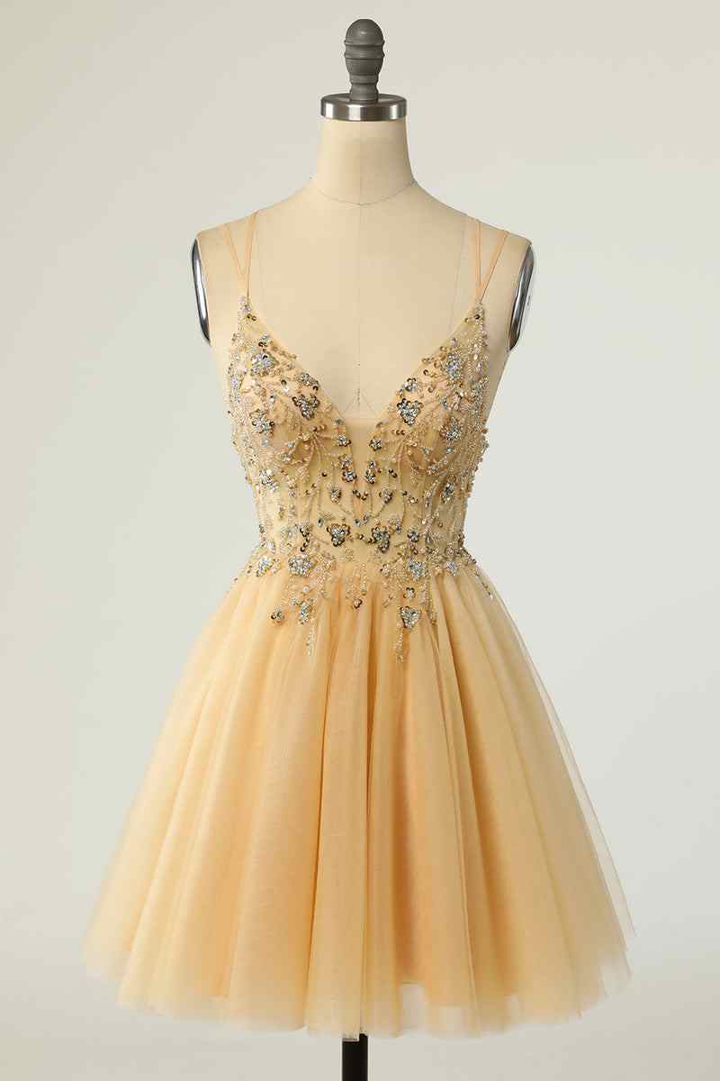 A-line Double Straps Deep V Neck Beading Mini Homecoming Dress Gold / US 8 A-line Double Straps Deep V Neck Beading Mini Homecoming Dress Gold / US 8