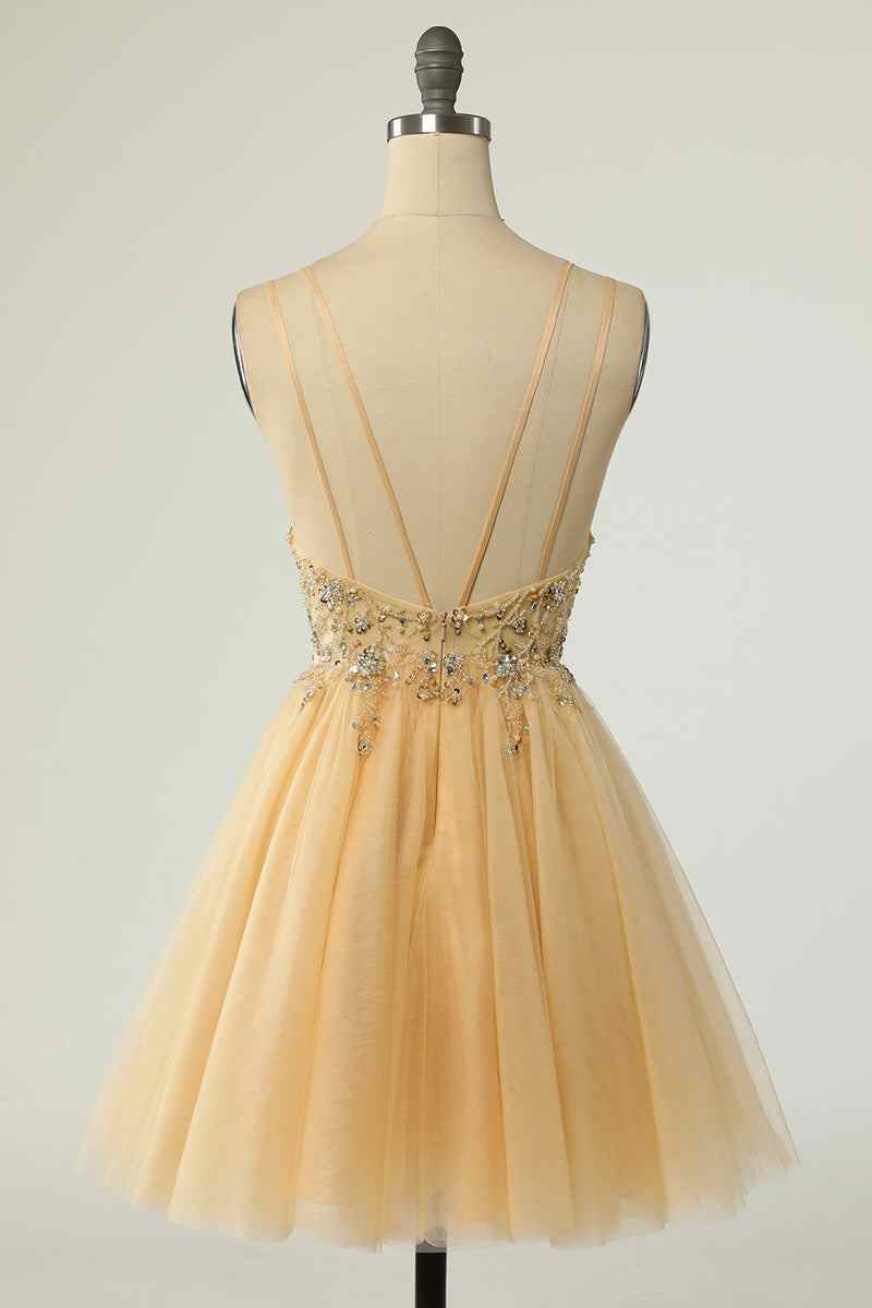 A - line Double Straps Deep V Neck Beading Mini Homecoming Dress - Joyofdress