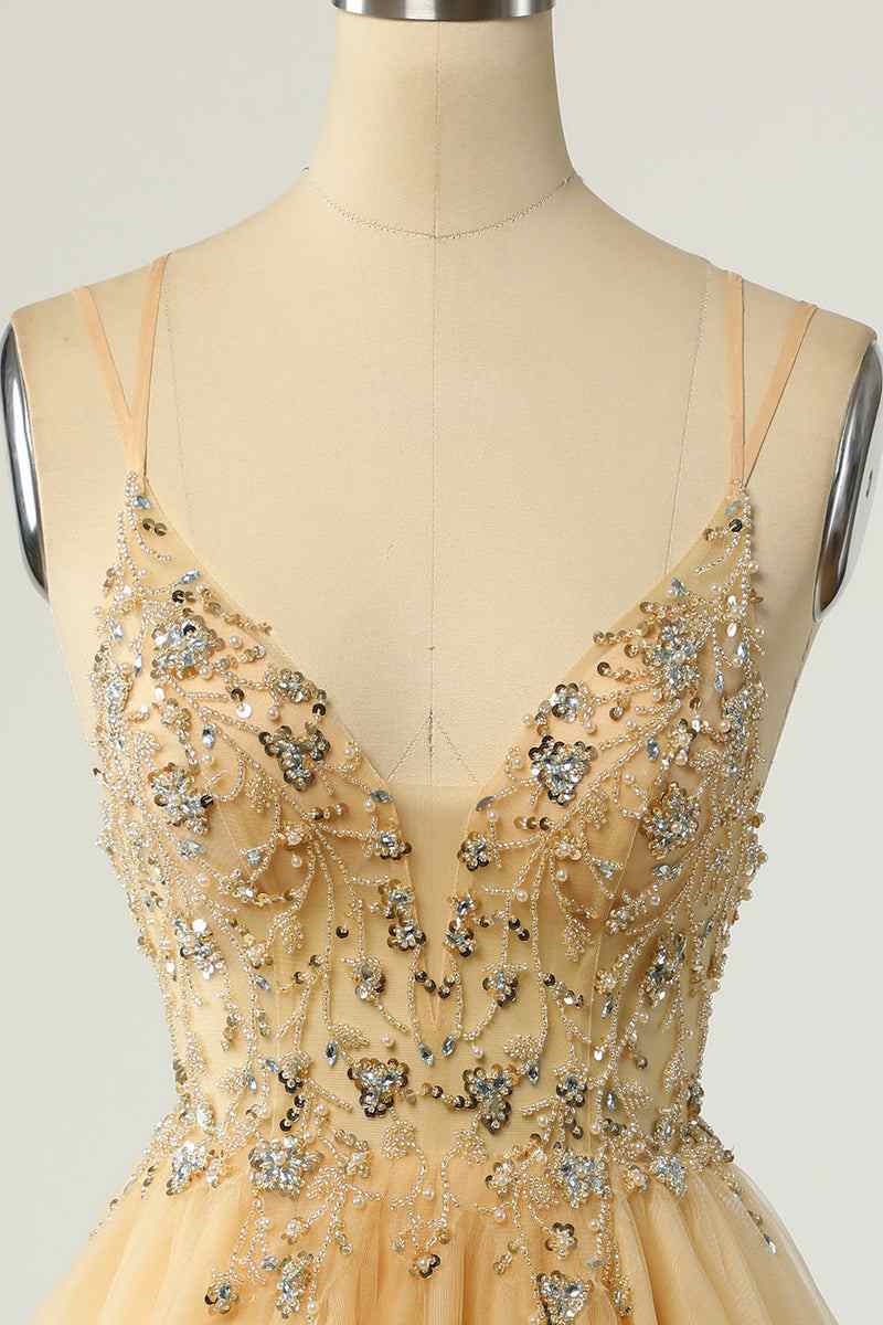 A - line Double Straps Deep V Neck Beading Mini Homecoming Dress - Joyofdress