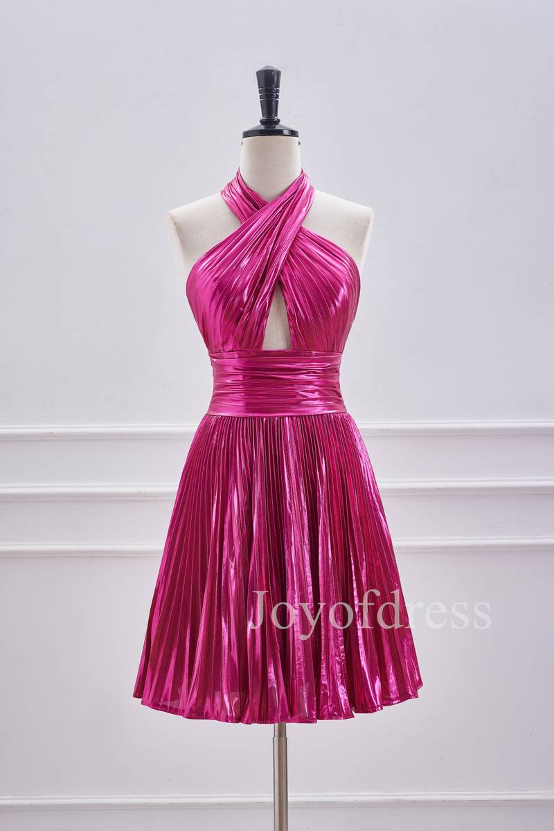 A - Line Halter Fuchsia Keyhole Pleated Short Dress - Joyofdress