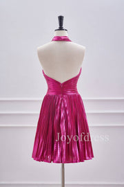 A - Line Halter Fuchsia Keyhole Pleated Short Dress - Joyofdress