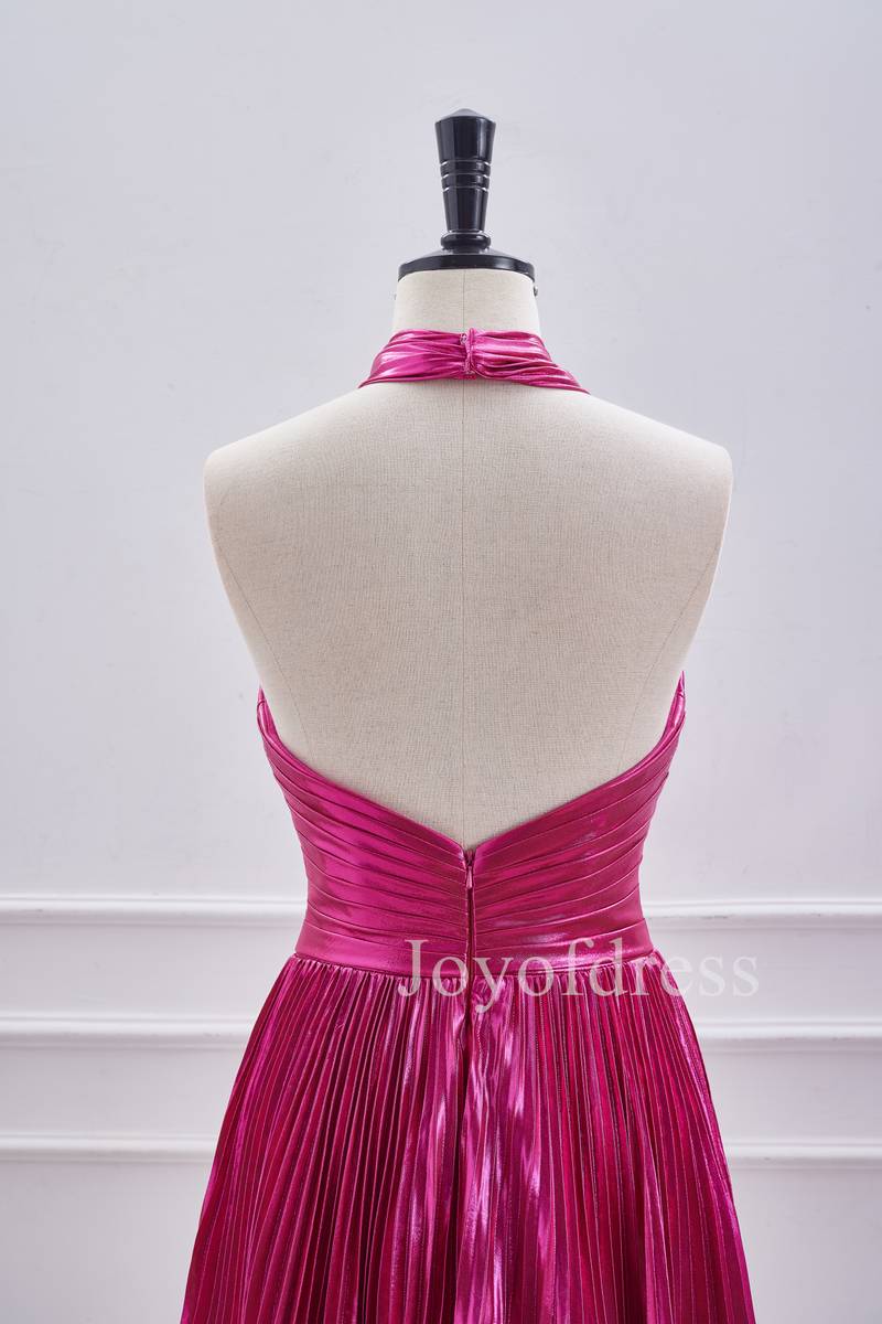 A-Line Halter Fuchsia Keyhole Pleated Short Dress | Joyofdress A-Line Halter Fuchsia Keyhole Pleated Short Dress | Joyofdress