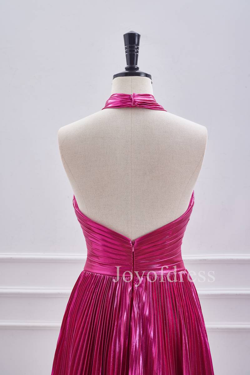 A - Line Halter Fuchsia Keyhole Pleated Short Dress - Joyofdress